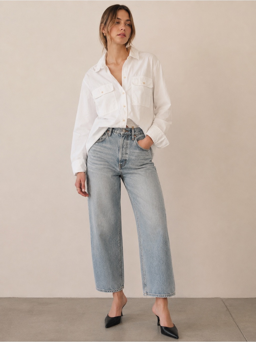 Free Assembly Oversized White Poplin Button Down Longsleeve Crop Shirt Relaxed - Picture 9 of 9